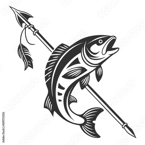 Stylized fish impaled on a spear with feathers on white background fishing hunting