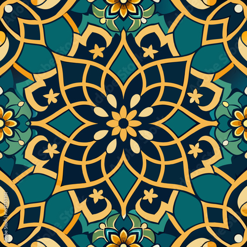 Blue vintage Moroccan seamless floral pattern with repeating flowers