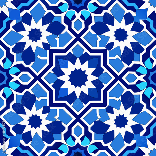Blue vintage Moroccan seamless floral pattern with repeating flowers