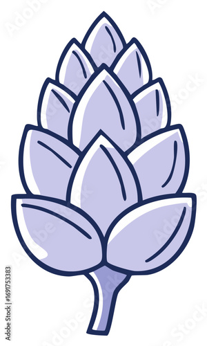 Stylized illustration of a pale purple hop cone with dark outlines and subtle shading