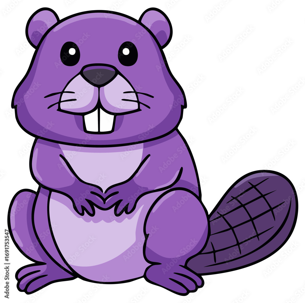 Fototapeta premium Playful Purple Cartoon Beaver Mascot with Large Teeth and Flat Tail Sitting Upright Smiling Happy Expression Character Design