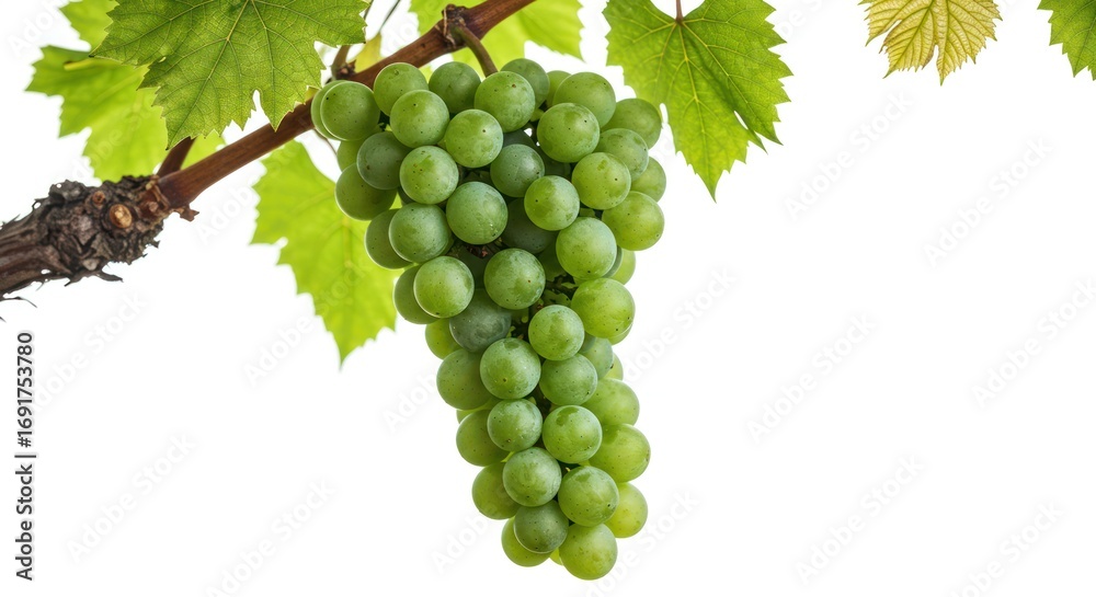 Obraz premium Green Grapes Hanging on Vine with Leaves in Bright Light