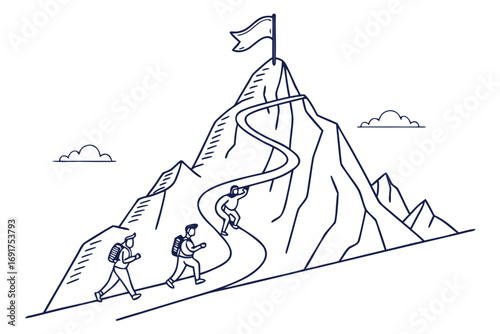 Mountain climbing hiking adventure with teamwork achievement and success reaching the peak with flag on top vector | editable svg/svg
