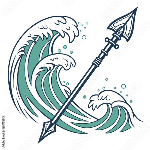 Teal waves and a spear on white background Keywords: waves, ocean, sea, water, spear, trident