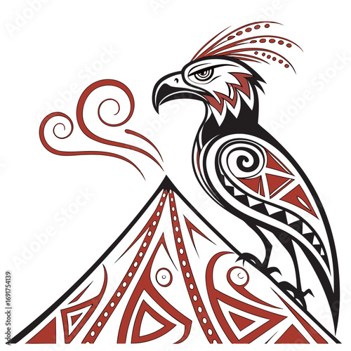 Tribal style eagle perched on a stylized volcano with red patterns bird tattoo