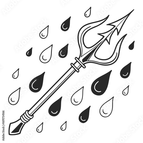 Trident surrounded by falling raindrops on white background Keywords: trident, spear, weapon