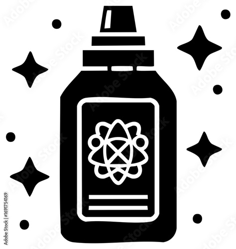 Bottle of Cleaning Product, Sparkling Effect, with Symbol on Label, Cleanliness