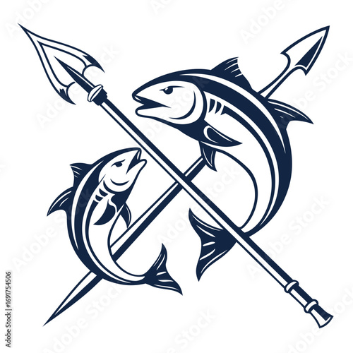 Two fish and crossed spears on white background Keywords: fish, spears, crossed, emblem, logo