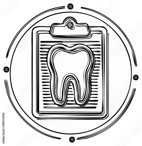 Dental Checkup Icon with Molar Tooth on a Clipboard in a Sketch Style
