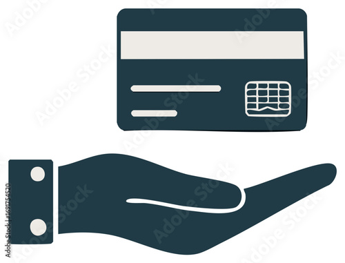 Hand presenting credit card for secure online payment and financial transactions illustration