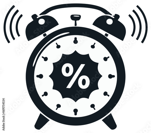 Classic ringing alarm clock showing a large percentage symbol for urgent sale promotion and limited time offers