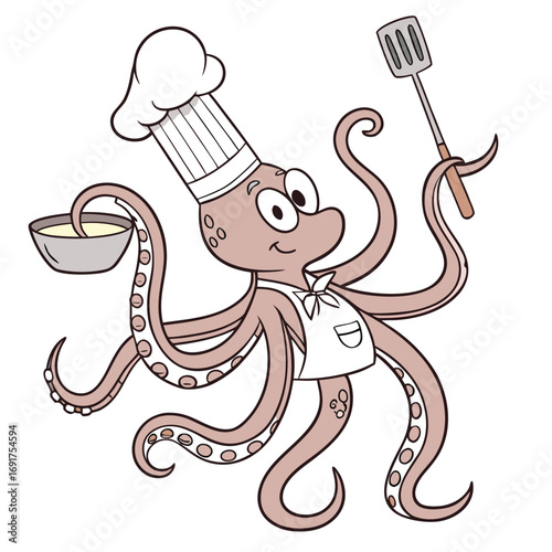 Cheerful cartoon octopus chef holding a bowl of soup and a spatula cooking food