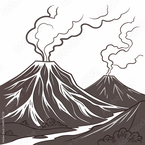 Two volcanoes emitting smoke with a river flowing through a hilly landscape steam mountain