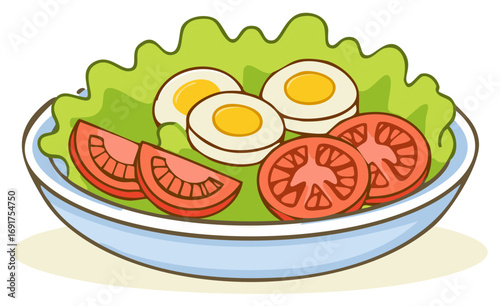 Delicious fresh salad illustration with green lettuce leaves sliced eggs and red ripe tomatoes in a light blue bowl