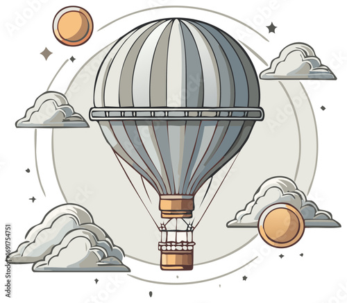 Stylized Hot Air Balloon Above Clouds and Stars, Illustration