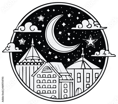 Stylized cityscape vector scene with moon, stars, and clouds at night in cartoon style
