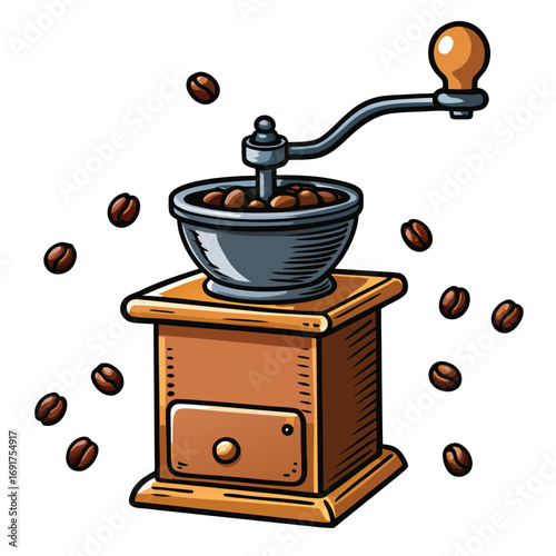 Cute Cartoon Coffee Grinder With Coffee Beans And Contents On White Background manual coffee grinder