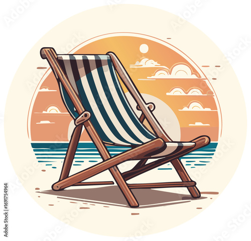 Wooden Deckchair on Sandy Beach with Ocean and Sunset Scenery Ideal Vacation