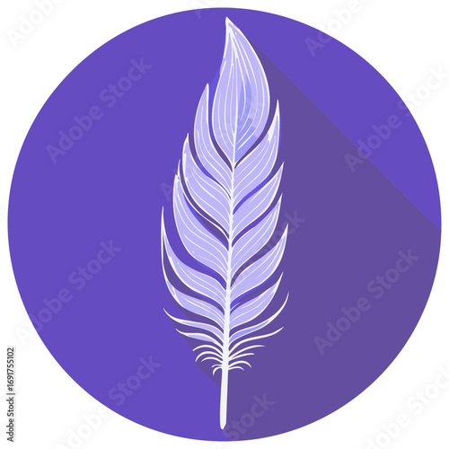 Lightweight stylized feather illustration on a purple circle with a long shadow