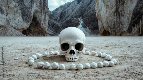 Human skull surrounded by bone beads on a rocky background. Black magic, necromancy and tribal altar of ancestor worship concept. Surreal illustration for poster
