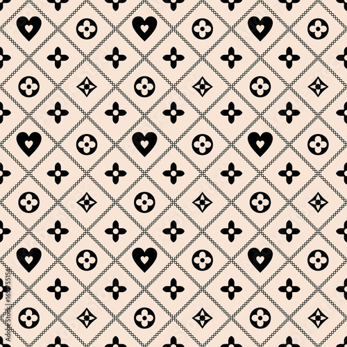 Seamless geometric monogram pattern with hearts and abstract floral symbols, luxury ornamental diamond lattice design, elegant repeating background in off white.