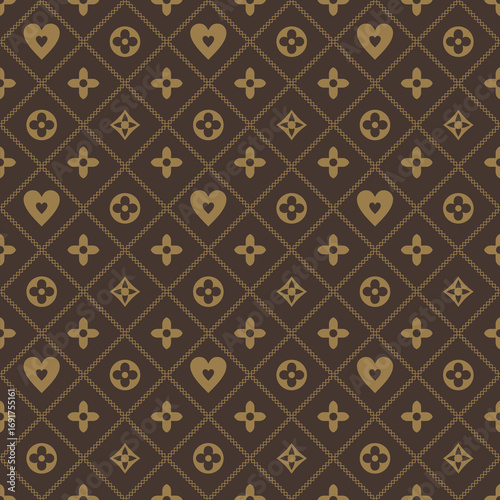Seamless geometric monogram pattern with hearts and abstract floral symbols, luxury ornamental diamond lattice design, elegant repeating background in brown and gold.