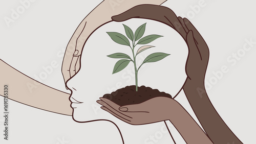 Diverse hands nurture a seedling within a human head silhouette