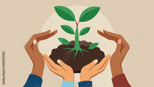 Hands gently caring for a growing plant