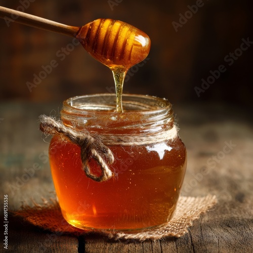 Honey Dripping from Wooden Dipper into Glass Jar on Rustic Background