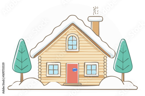 Cozy winter cabin illustration with snow covered roof and pine trees