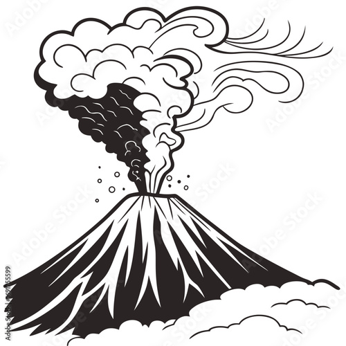 Black and white illustration of a volcano erupting with dense smoke and ash clouds eruption