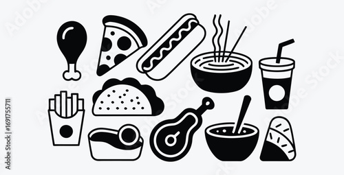 Black and white fast food icon set featuring diverse meal choices