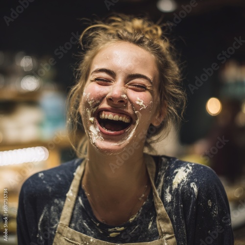 Joyful Woman Laughing with Flour on Face in Cozy Kitchen Setting