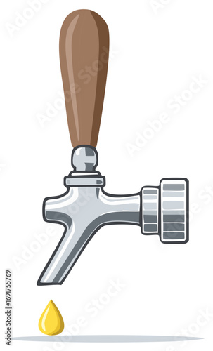 Metal beer tap with wooden handle dispensing golden liquid drop