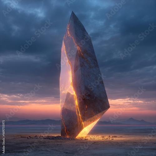 Majestic Crystal Formation Glowing at Sunset on a Tranquil Landscape