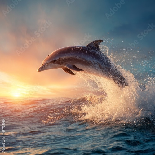 Majestic Dolphin Leaping Through Vibrant Ocean Waves at Sunset