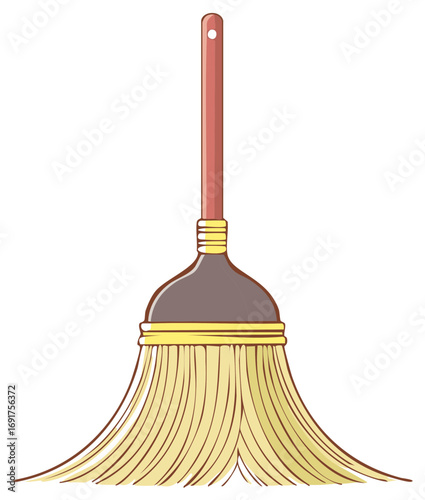 Stylized illustration of a traditional broom with a long handle and straw bristles for sweeping and cleaning chores