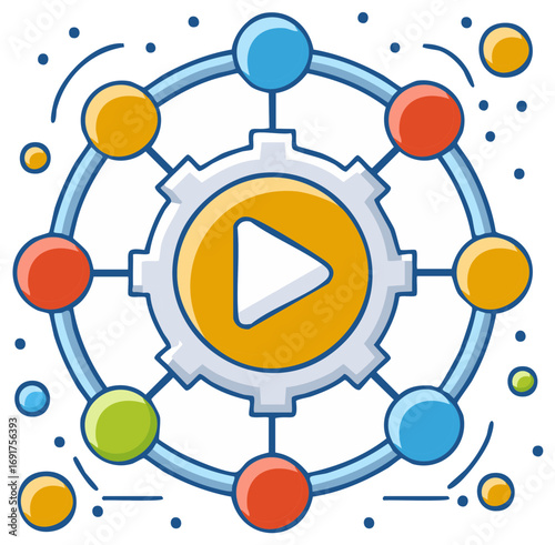 Video content distribution network concept with a central play button hub and gear system