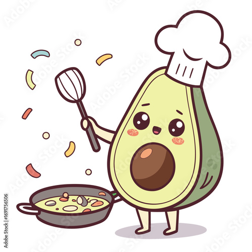 Kawaii Avocado Chef Stirring Food In A Frying Pan With Utensil cartoon cooking