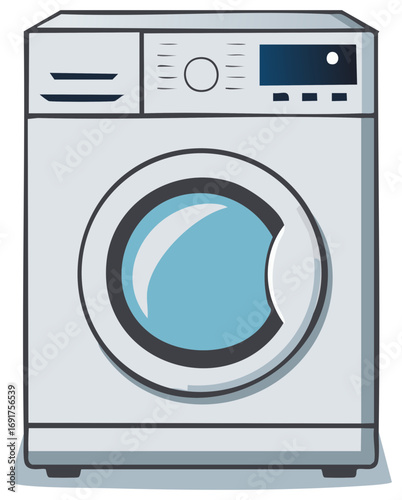 Front view of a washing machine illustration with light blue door and display.