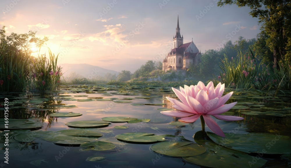 Fototapeta premium Serene sunrise over a tranquil lake with a church in the background