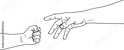 Child hand, adult hand, reaching gesture, emotional connection, family bond, support concept, black and white line art, minimalist vector illustration