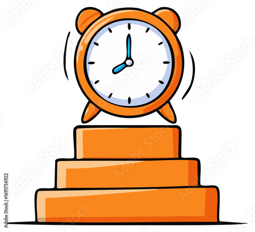 Vibrant orange alarm clock ringing at 8:00 on a stepped platform, time management concept