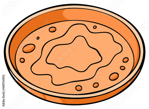 Vibrant cartoon illustration of warm orange liquid food in a round serving dish