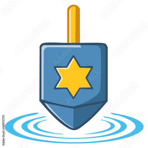 Blue dreidel spinning illustration with a yellow Star of David for Hanukkah celebration