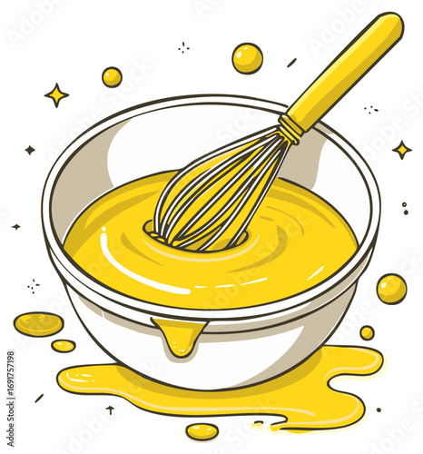 Bowl of Yellow Liquid Being Whisked, Cartoon Kitchen Illustration