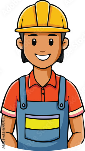 Smiling cartoon construction worker wearing a hard hat and overalls.