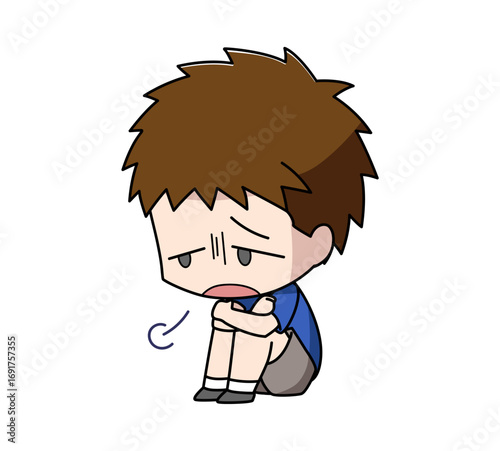 体育座りでため息をつく男の子のイラスト