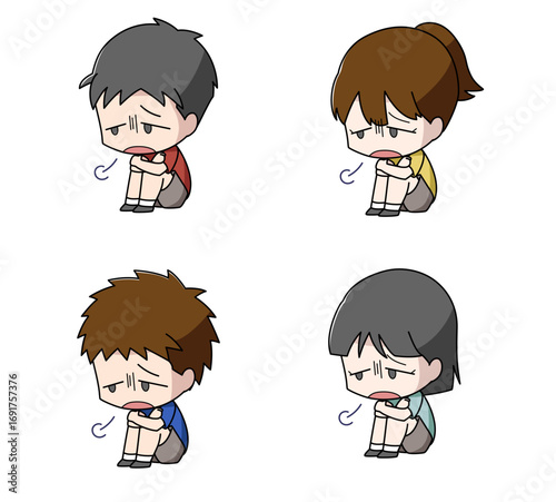体育座りでため息をつく子どものイラスト4種類セット