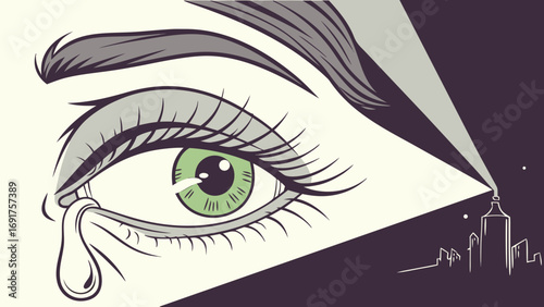 A tearful gaze over a cityscape at night